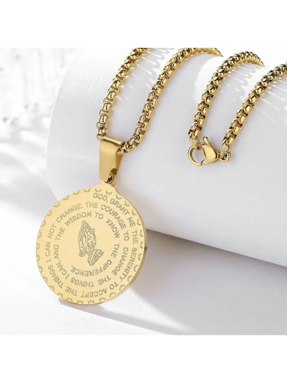Stainless Steel Serenity Prayer Necklace with Praying Hands Coin Pendant for All